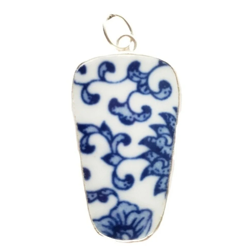 Broken China Pendant Blue & White Floral Repurposed Pottery Shard‎ Focal Jewelry